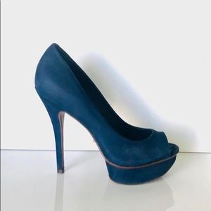 SCHUTZ Suede Navy Blue Peep-Toe Platform Pump Removable Ankle Bow Detail RARE